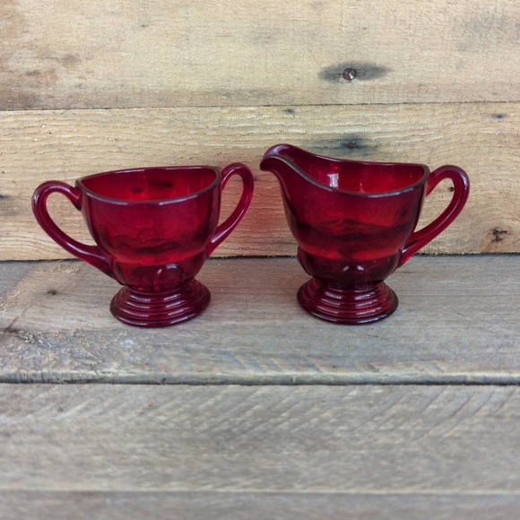 Vintage 1930s Ruby Red New Martinsville Glass Moondrops Creamer & Sugar Set - Picture 1 of 10